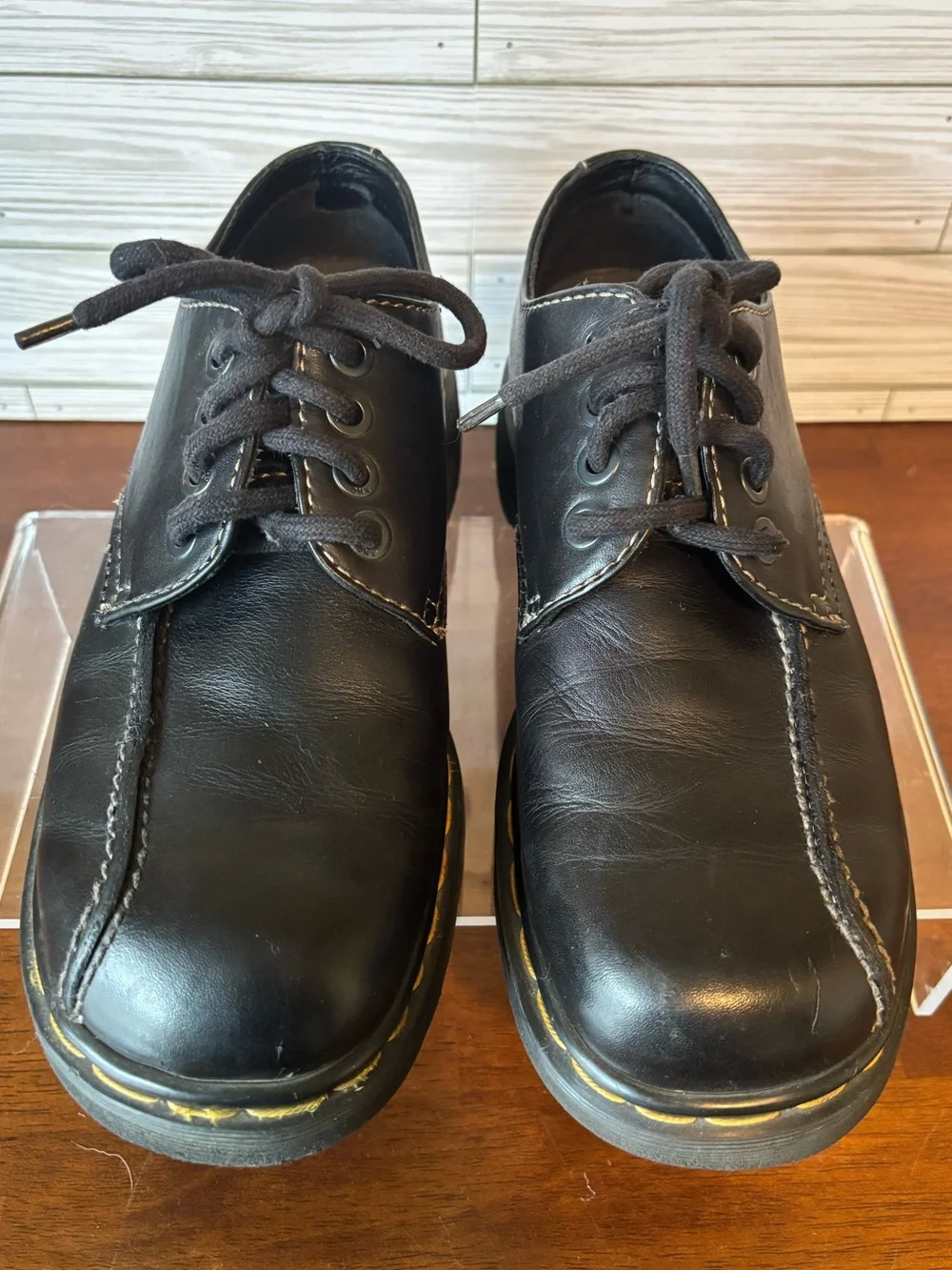 Black Leather, Men’s Doc Martens Shoes with Yellow Stitching